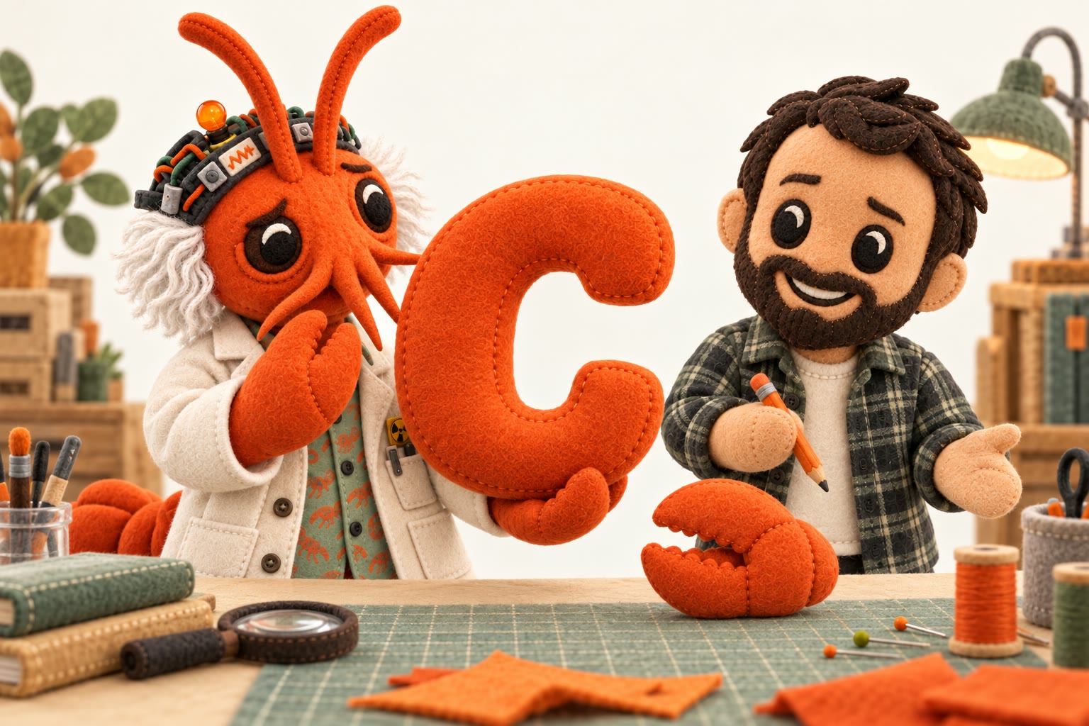 Plush editorial illustration of Clawc comparing a smooth C shape with an opposing-jaw claw while Aaron points to the difference