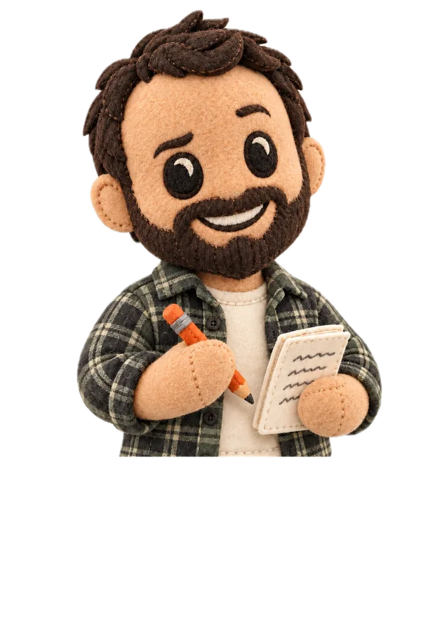 Aaron as a plush passenger and editor, holding a pencil and notes