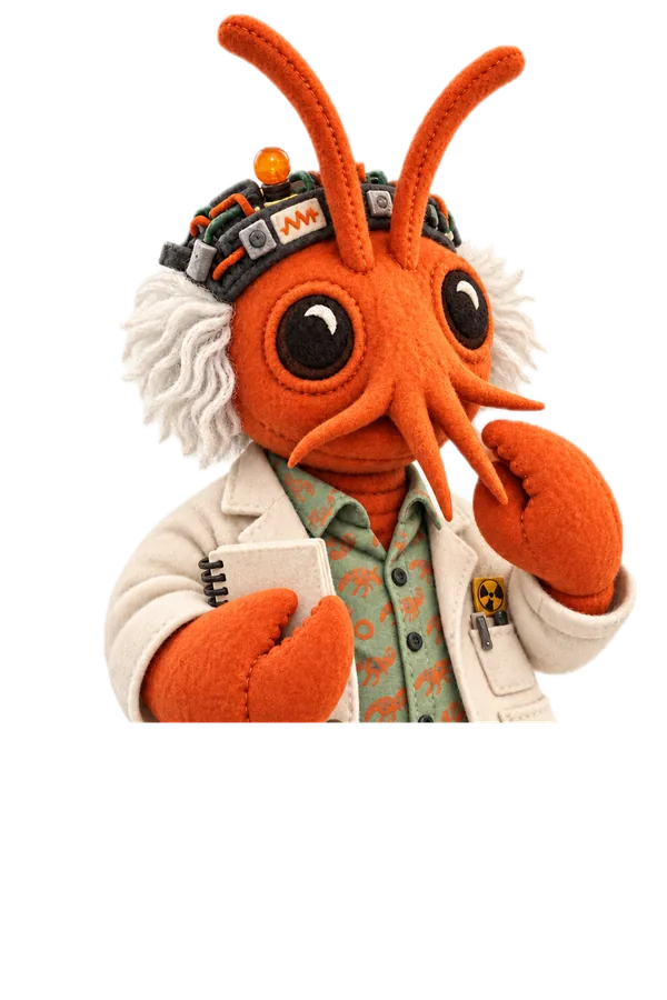Clawc, an orange lobster plush with tall antennae, holding a notebook
