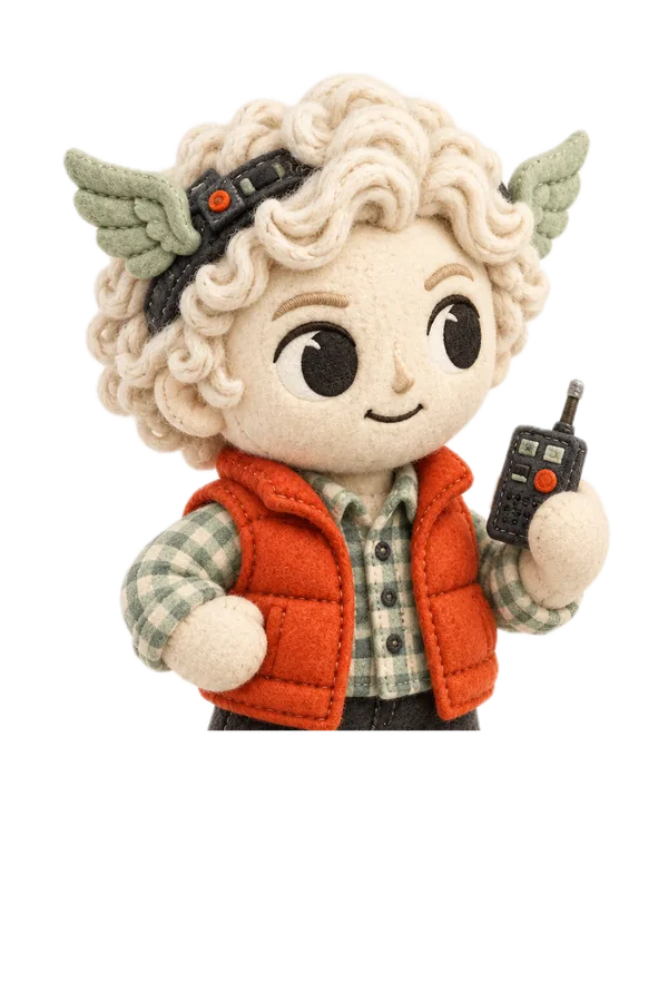 Hermy, a cream plush copilot with winged headband and orange vest