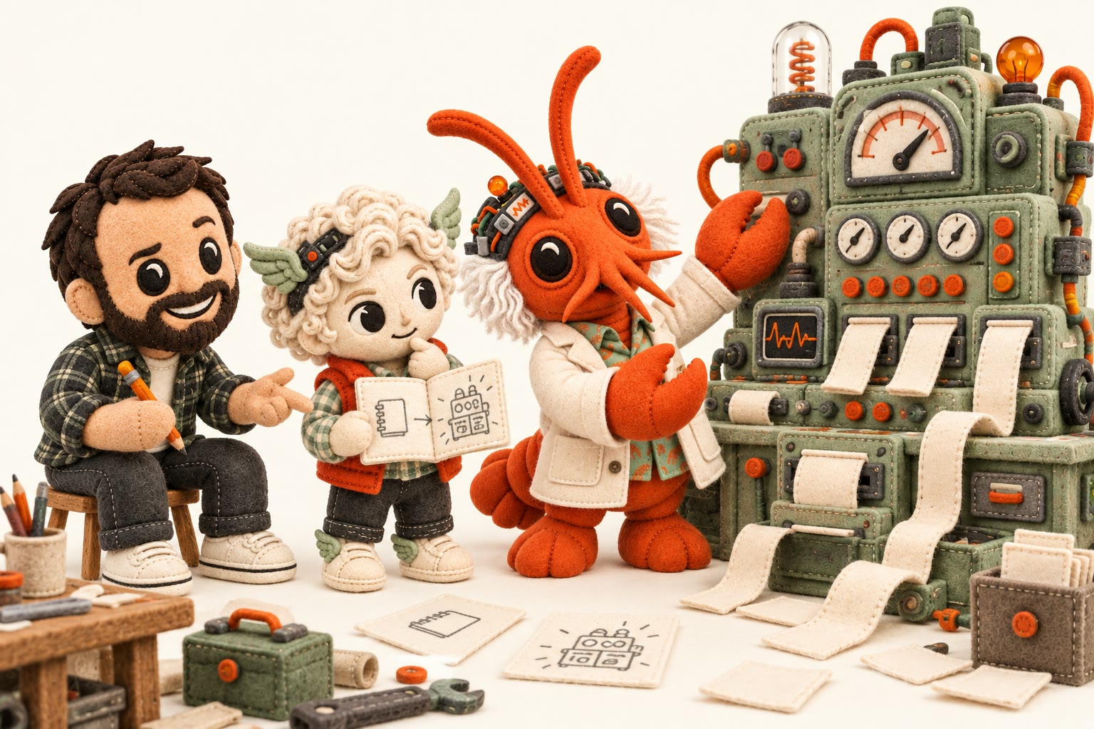 Plush editorial illustration of Clawc presenting an oversized diagnostic machine while Hermy holds a simple field notebook and Aaron points toward it
